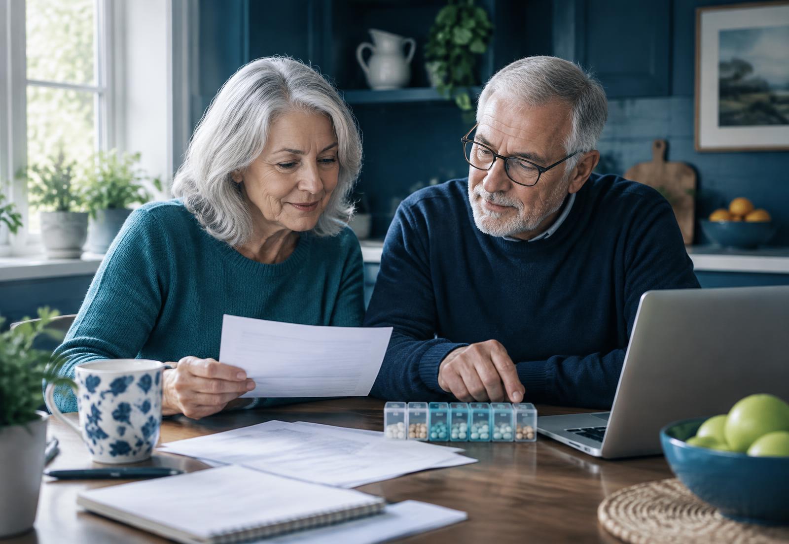 A Medicare agent and client reviewing prescription paperwork together